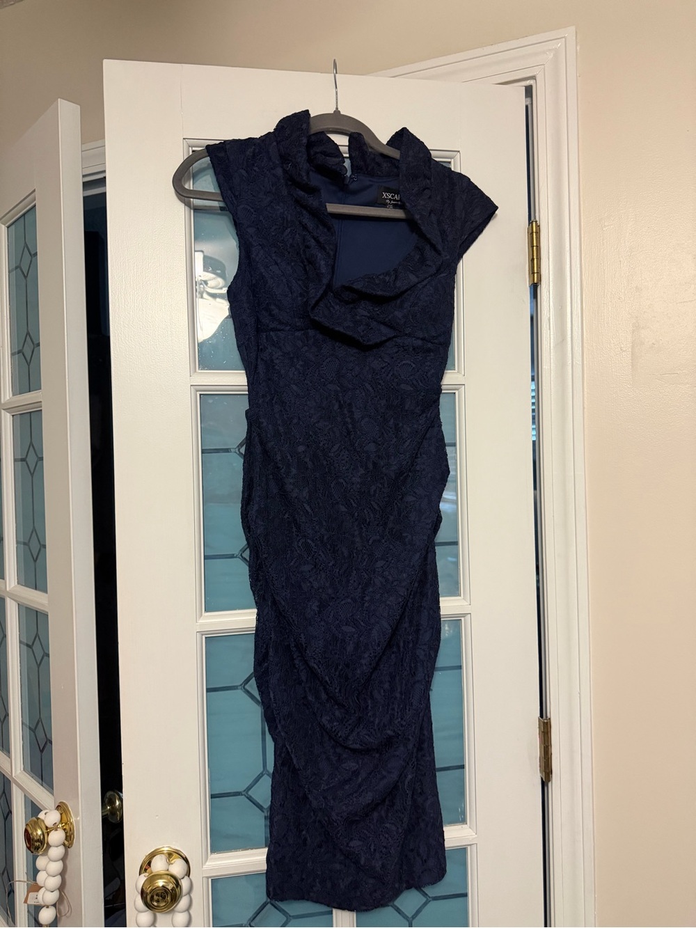 Xscape Navy Lace Midi Dress with Ruffle Collar